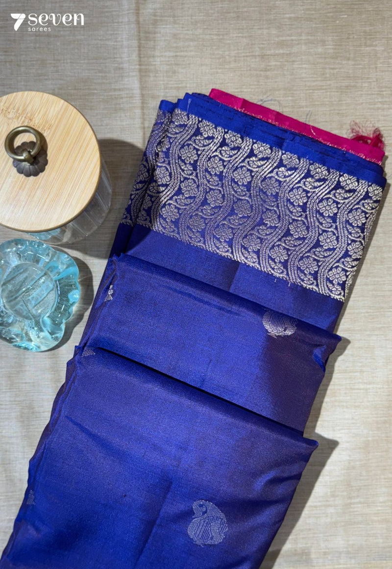Jamun Flower Signature Seven Handloom Blue/ Red Bangalore Pure Silk Saree|Silk Mark Certified
