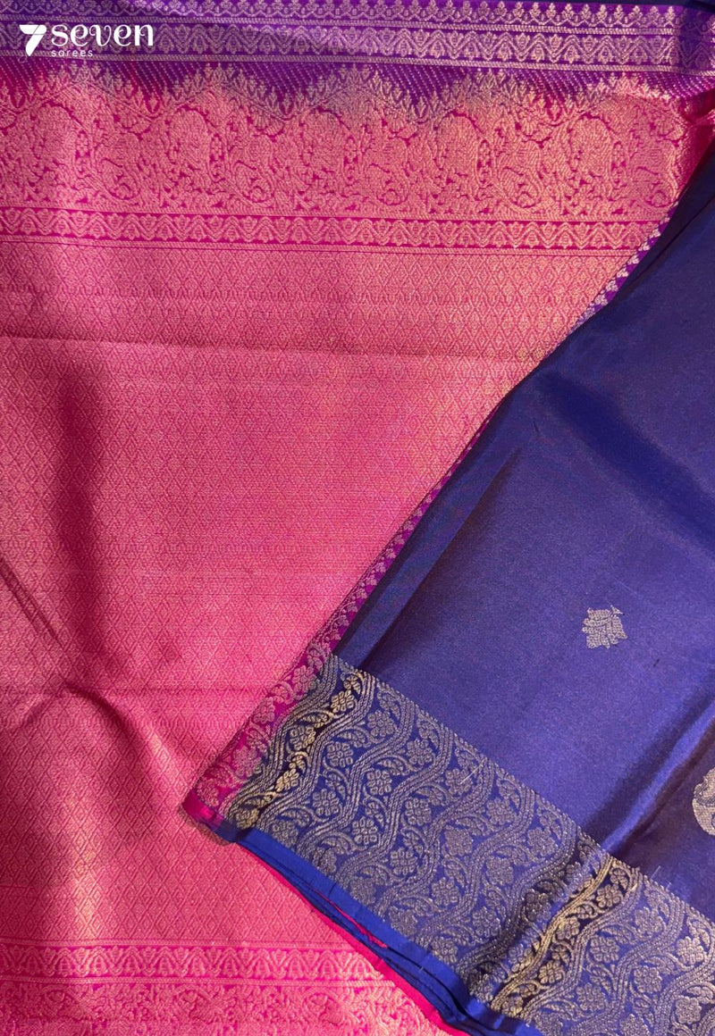 Jamun Flower Signature Seven Handloom Blue/ Red Bangalore Pure Silk Saree|Silk Mark Certified
