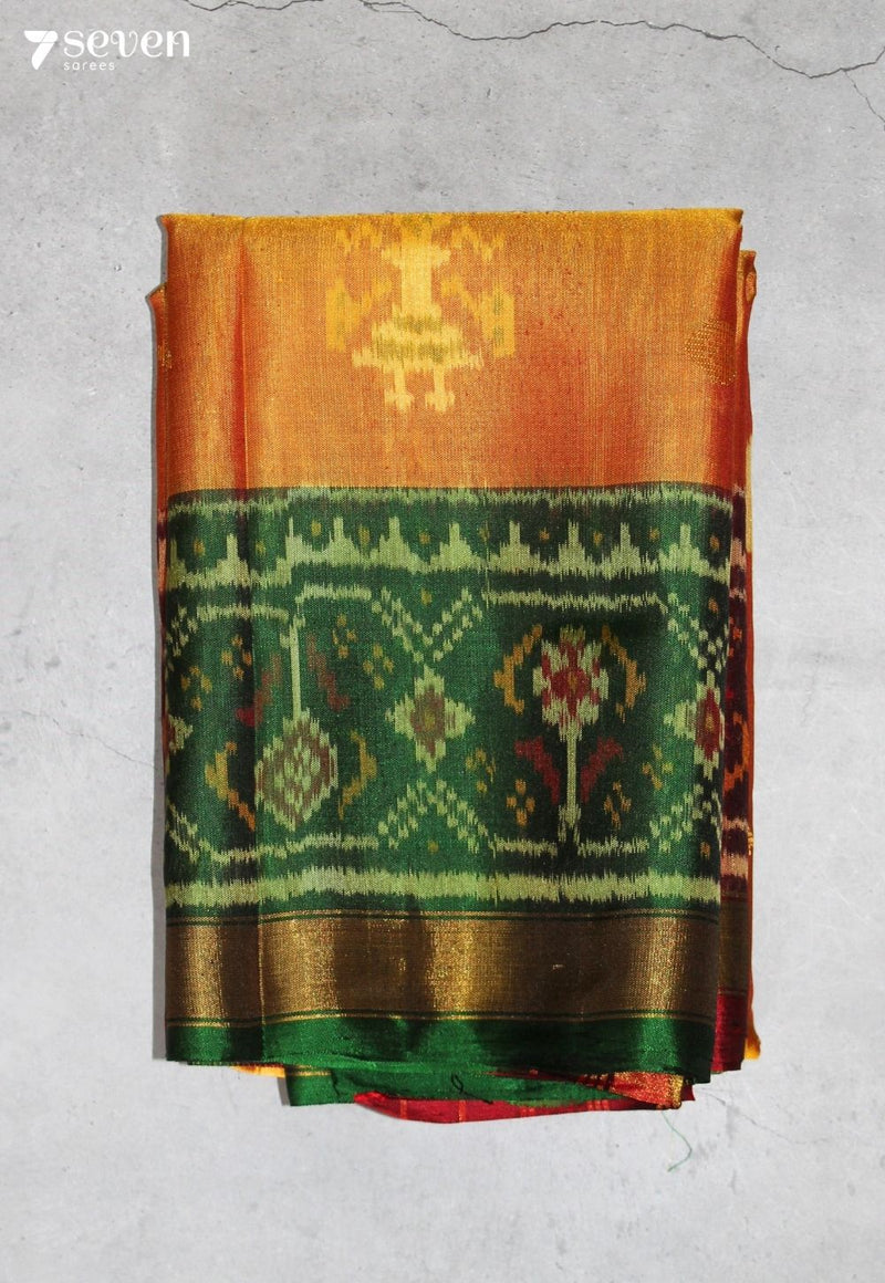 Tharime Patola Handloom Single Ikkat Golden Pure Silk Saree|Silk Mark Certified