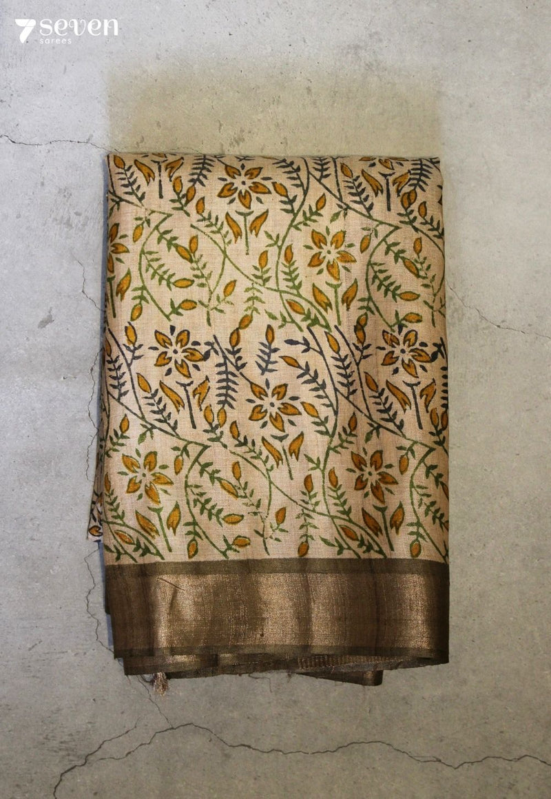 Fresh Earth Handloom Green Pure Tussar Silk(Kosa) Saree with Handblock Print| Silk Mark Certified