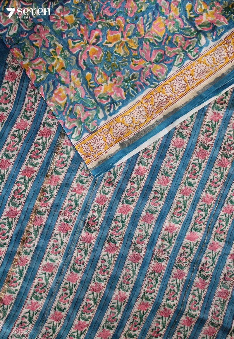 Madhrini Jaipur Blue Hand Block Printed Silk Cotton Saree