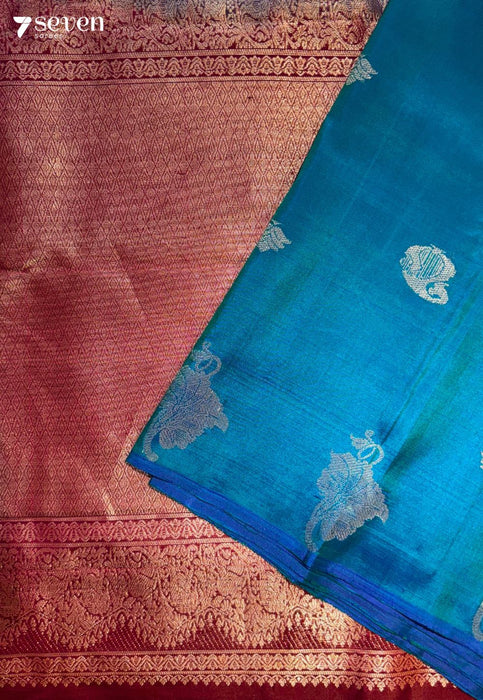 Wild Flower Signature Seven Handloom Blue/Pink Bangalore Pure Silk Saree|Silk Mark Certified
