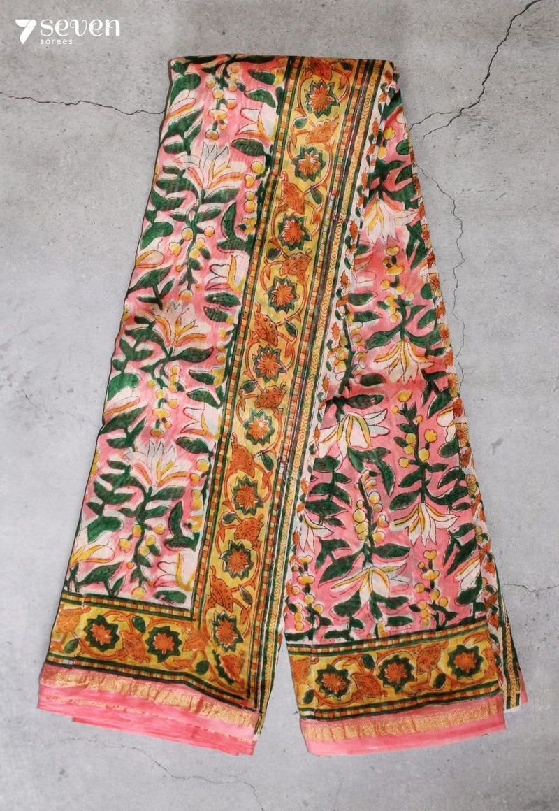 Arvini Jaipur Pink Hand Block Printed Silk Cotton Saree
