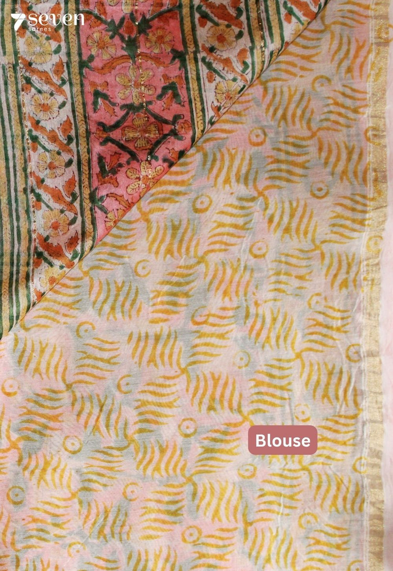 Arvini Jaipur Pink Hand Block Printed Silk Cotton Saree