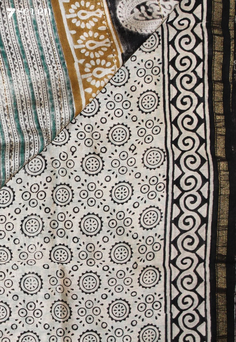 Saarmika Jaipur Green Hand Block Printed Silk Cotton Saree
