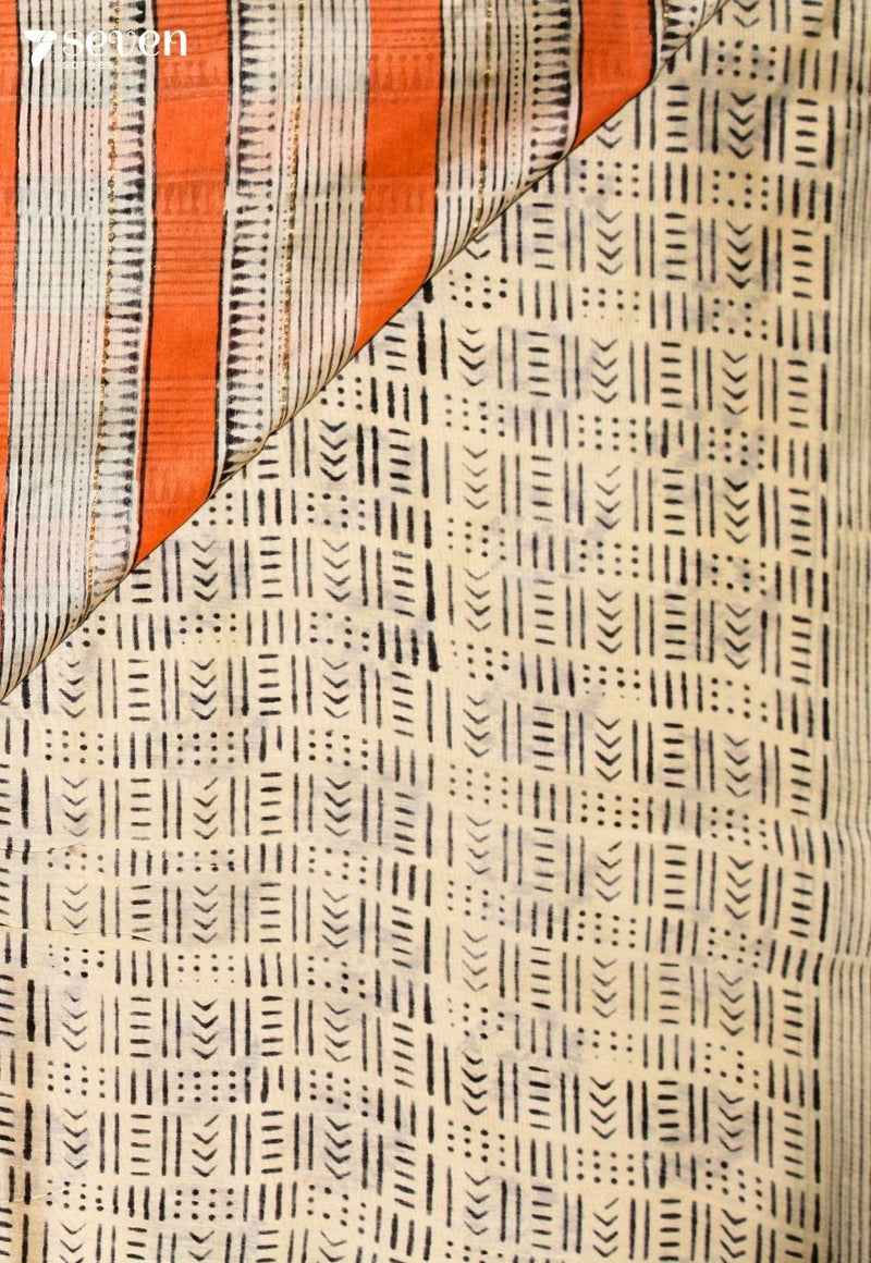 Yavini Jaipur Off White Hand Block Printed Silk Cotton Saree