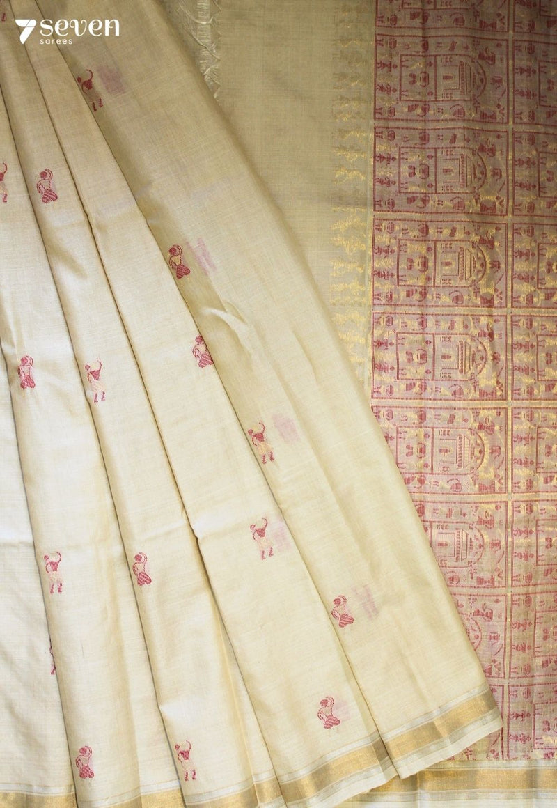Morning Dew Handloom Off White Pure Tussar Silk(Kosa) Saree| Silk Mark Certified