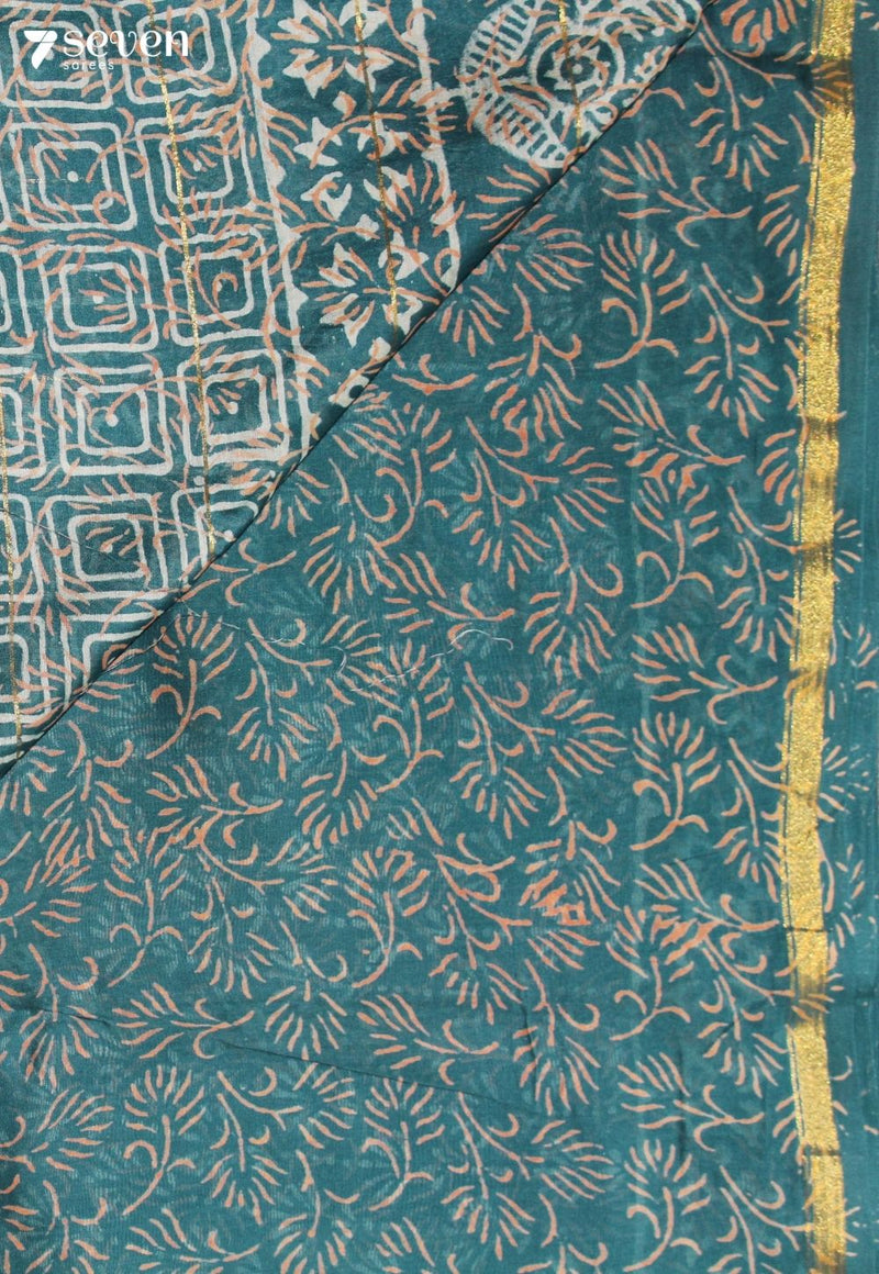 Malrini Jaipur Blue Hand Block Printed Silk Cotton Saree