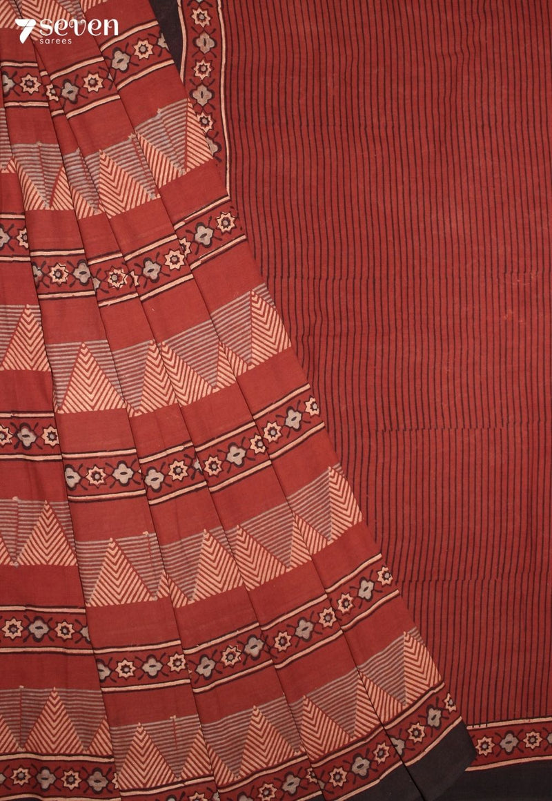 Vanthira Kutch Red Pure Handmade Ajrakh 100% Cotton Saree