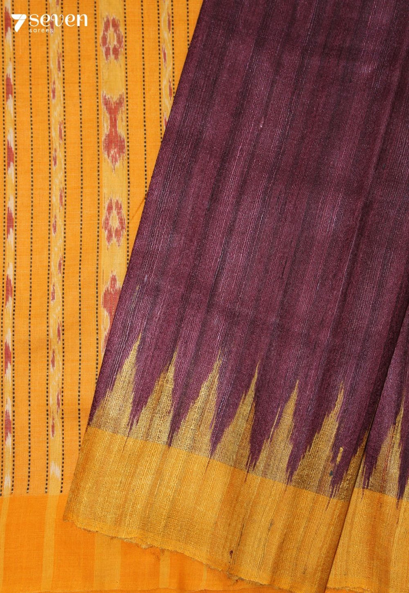 Anvaya Handloom Plum Pure Tussar Silk Saree with Cotton Ikkat Pallu