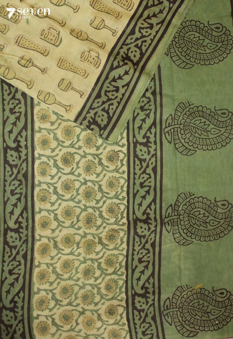 Korvini Jaipur Green Hand Block Printed Vegetable Dyed 100% Cotton Saree