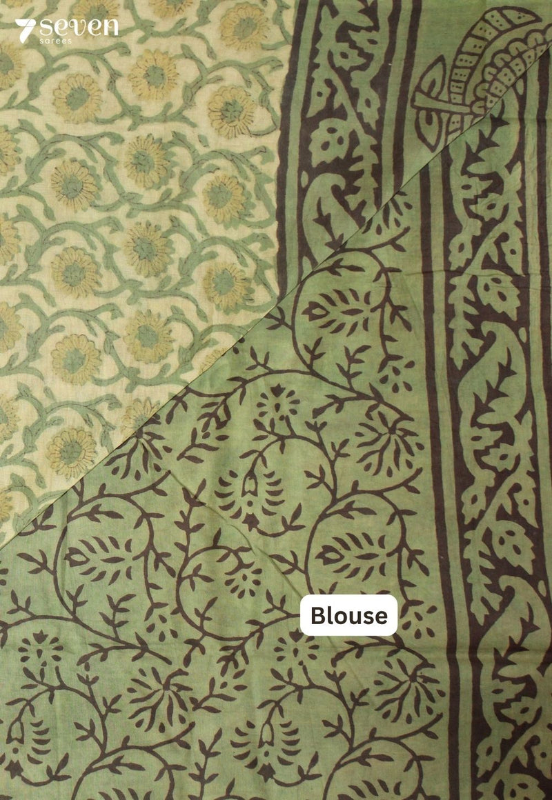 Korvini Jaipur Green Hand Block Printed Vegetable Dyed 100% Cotton Saree