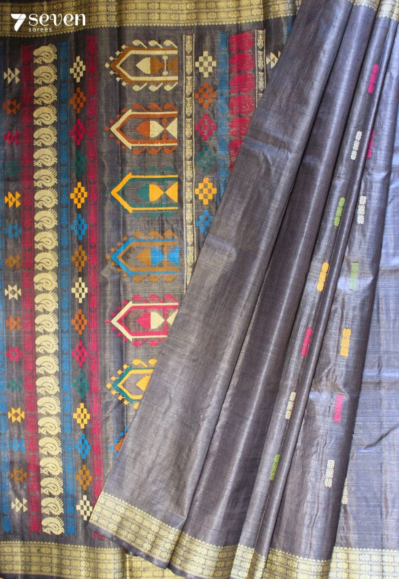 Pavari Handloom Grey Pure Tussar Silk(Kosa) Saree| Silk Mark Certified