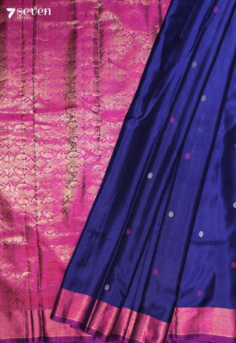 Dharvya Signature Seven Handloom Blue Bangalore Pure Silk Saree|Silk Mark Certified