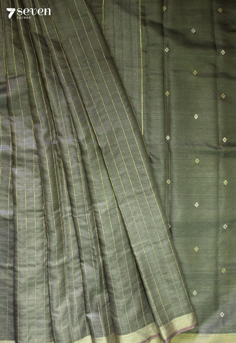 Rainwashed Handloom Green Pure Tussar Silk(Kosa) Saree| Silk Mark Certified