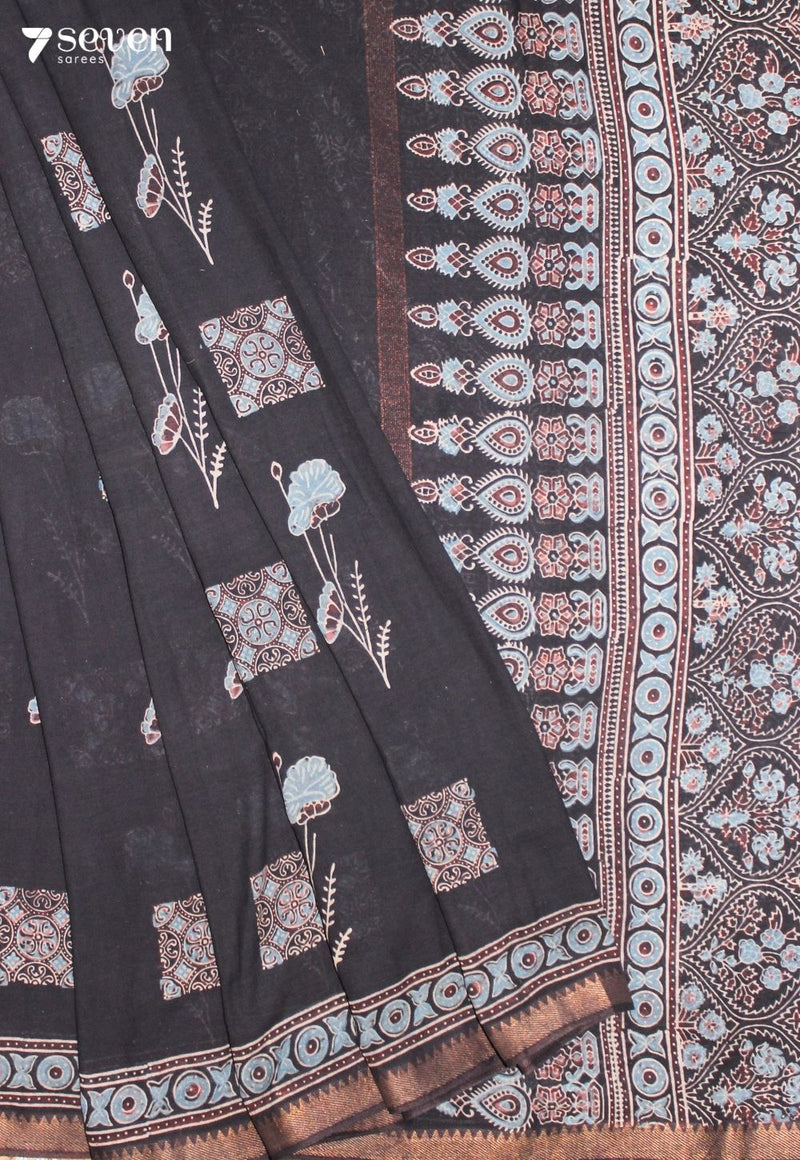 Tarunmi Kutch Black Pure Handmade Ajrakh 100% Cotton Saree