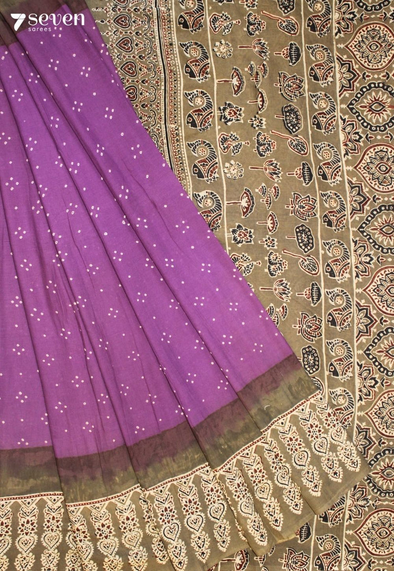 Rasvini Kutch Black Violet Handmade Ajrakh Bandhni 100% Cotton Saree