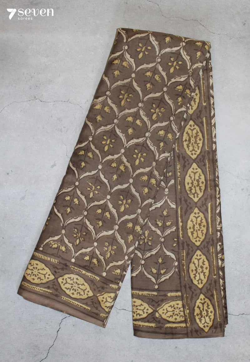 Raviniya Jaipur Brown Hand Block Printed Vegetable Dyed 100% Cotton Saree