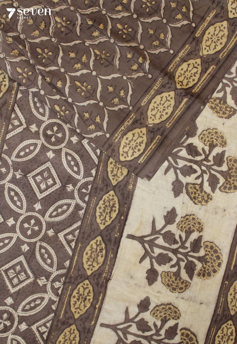 Raviniya Jaipur Brown Hand Block Printed Vegetable Dyed 100% Cotton Saree