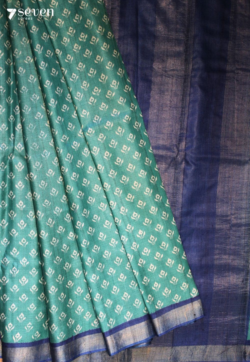 Emerald Hour Handloom Blue Pure Tussar Silk(Kosa) Saree with HandBlock Print| Silk Mark Certified