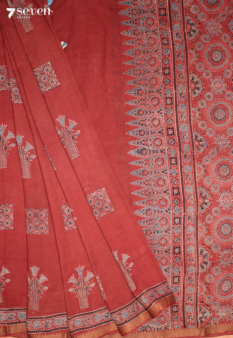 Dhevikaa Kutch Red Handmade Ajrakh 100% Cotton Saree