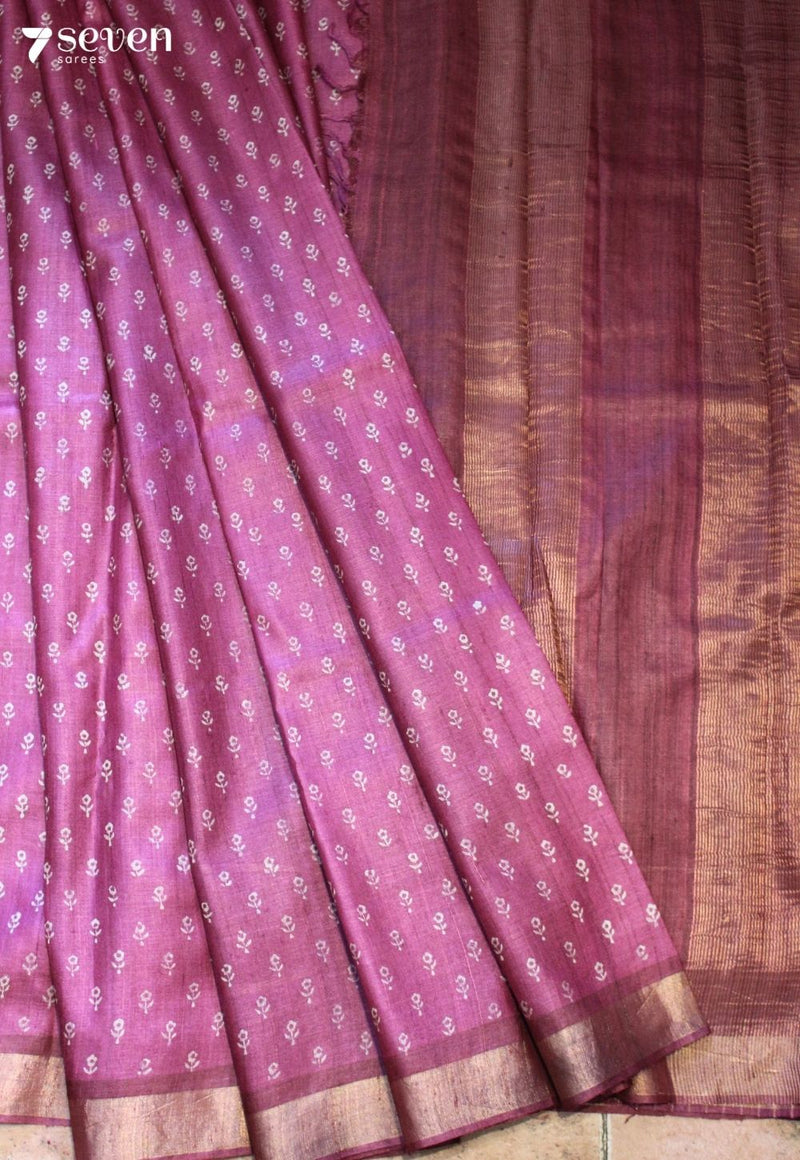 A Thousand Leaves Handloom Pink Pure Tussar Silk(Kosa) Saree with HandBlock Print| Silk Mark Certified