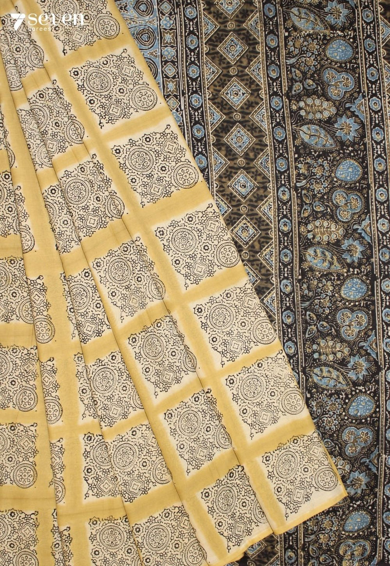 Kalmari Kutch Yellow Handmade Ajrakh 100% Cotton Saree