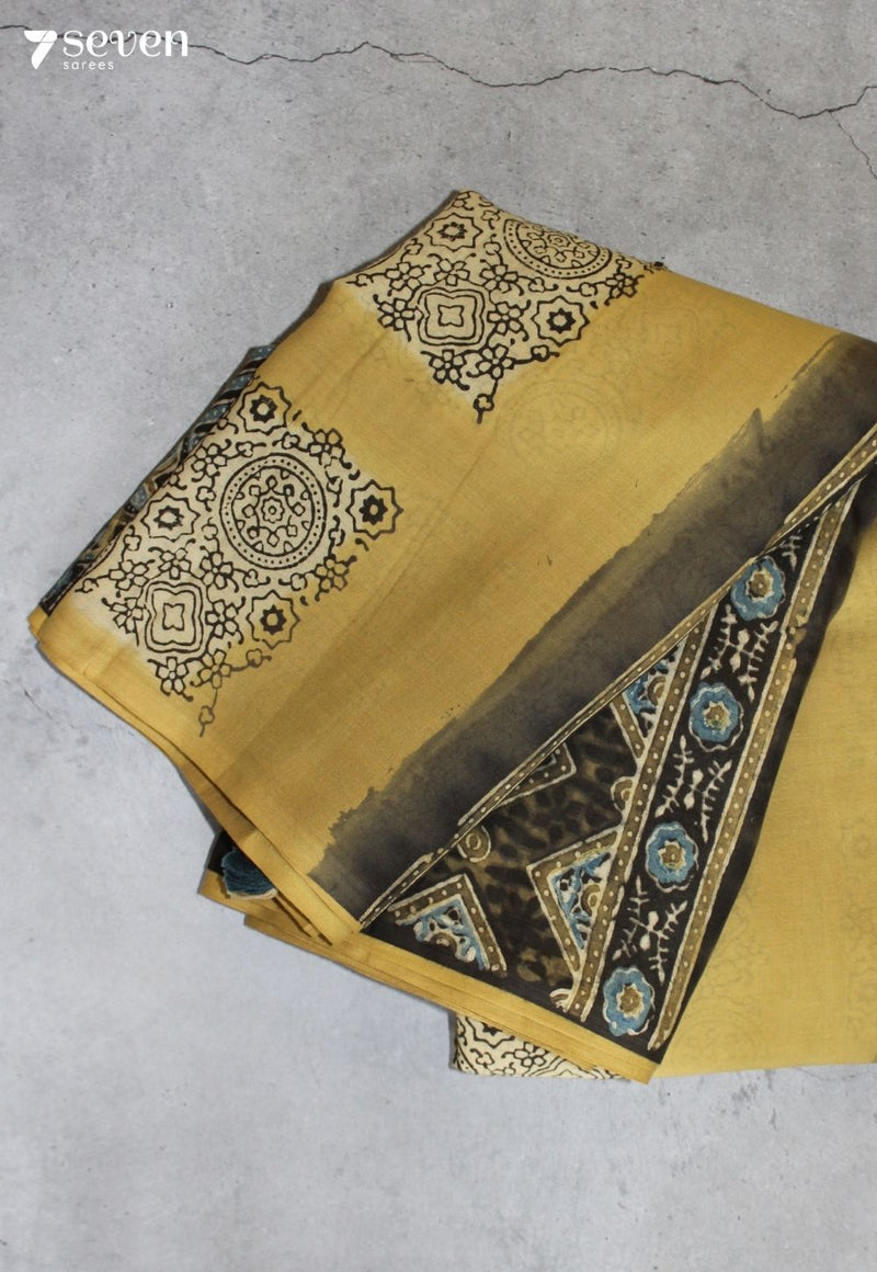Kalmari Kutch Yellow Handmade Ajrakh 100% Cotton Saree