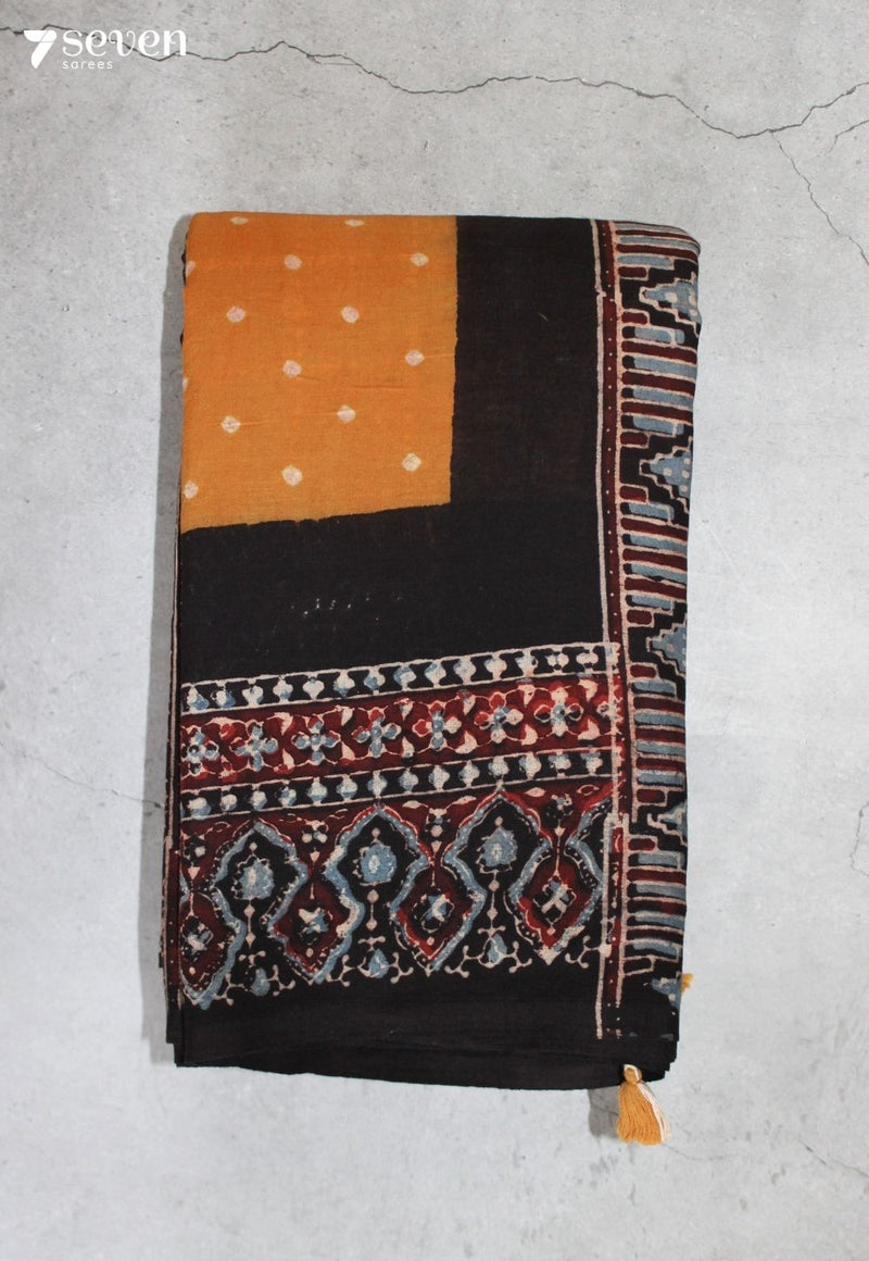 Nairuva Kutch Black Yellow Handmade Ajrakh Bandhini 100% Cotton Saree