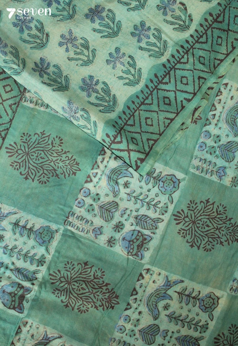 Velanira Jaipur Green Hand Block Printed Vegetable Dyed 100% Cotton Saree
