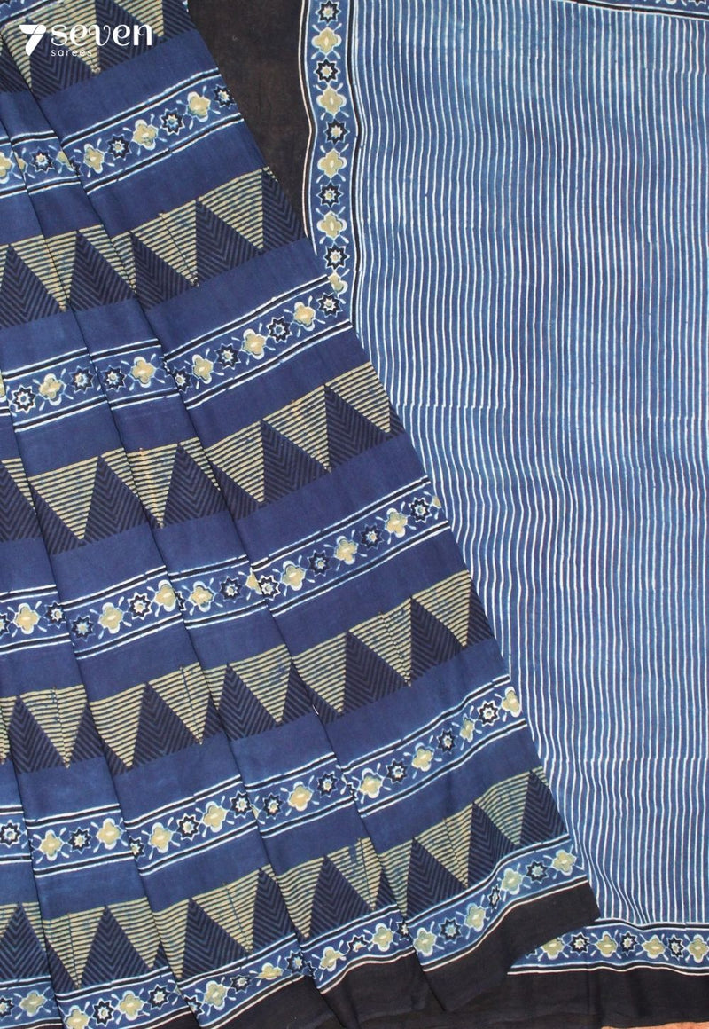 Thanira Kutch Blue Pure Handmade Ajrakh 100% Cotton Saree