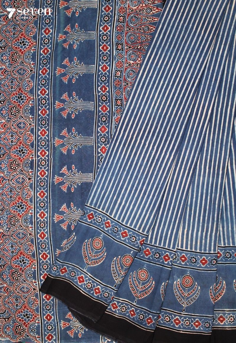 Moleri Kutch Blue Pure Handmade Ajrakh 100% Cotton Saree