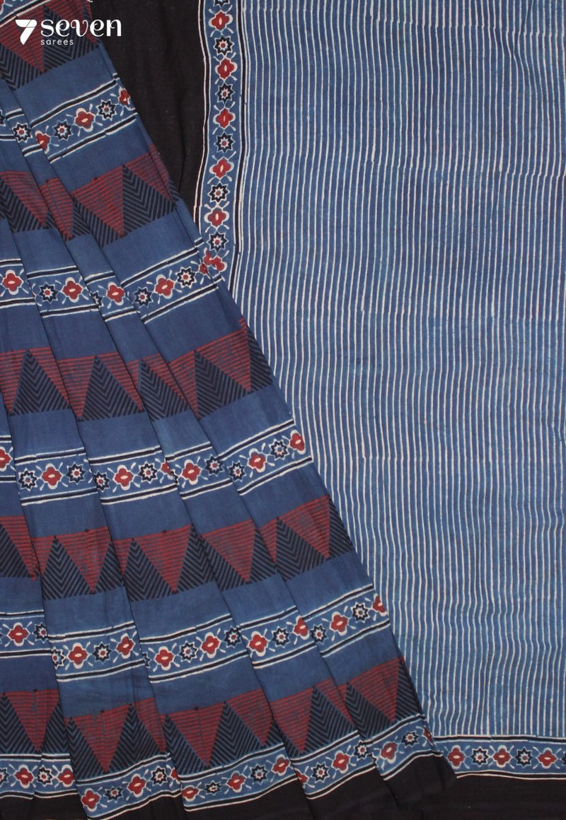 Jeyamri Kutch Blue Pure Handmade Ajrakh 100% Cotton Saree
