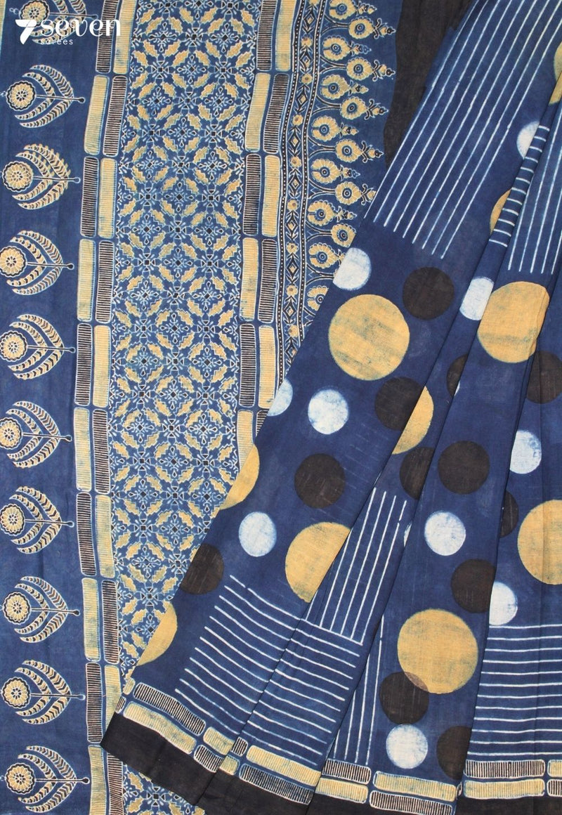 Denalu Kutch Blue Pure Handmade Ajrakh 100% Cotton Saree