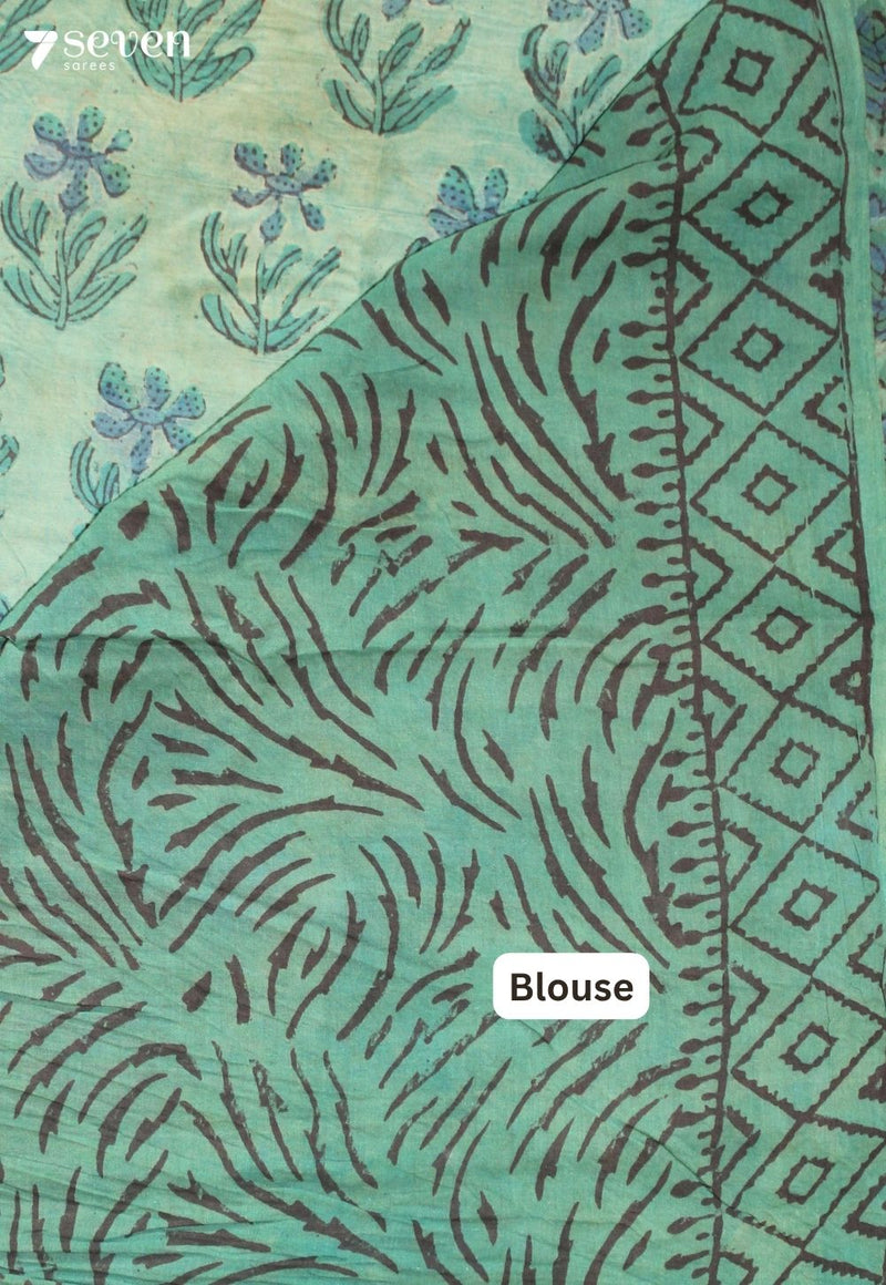 Velanira Jaipur Green Hand Block Printed Vegetable Dyed 100% Cotton Saree