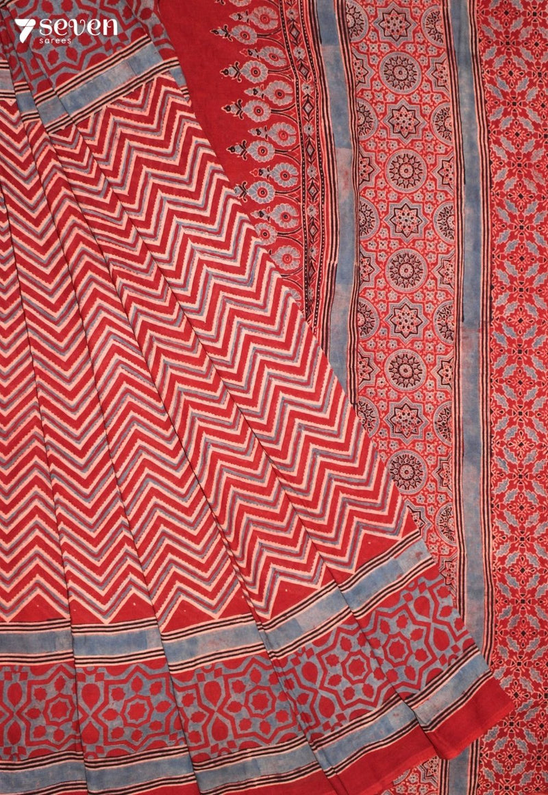 Padrini Kutch Red Pure Handmade Ajrakh 100% Cotton Saree