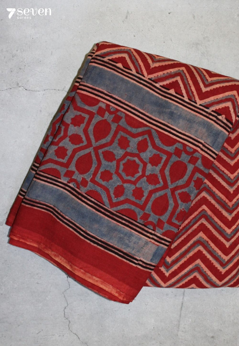 Padrini Kutch Red Pure Handmade Ajrakh 100% Cotton Saree