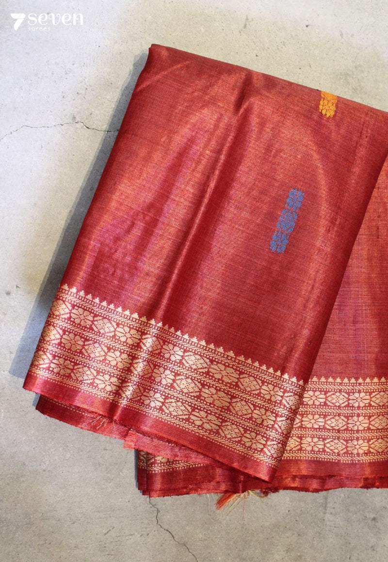 Cedar Shade Handloom Red Pure Tussar Silk(Kosa) Saree| Silk Mark Certified