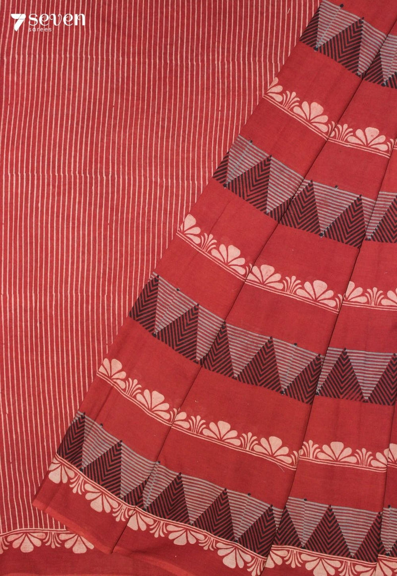 Kethol Kutch Red Pure Handmade Ajrakh 100% Cotton Saree