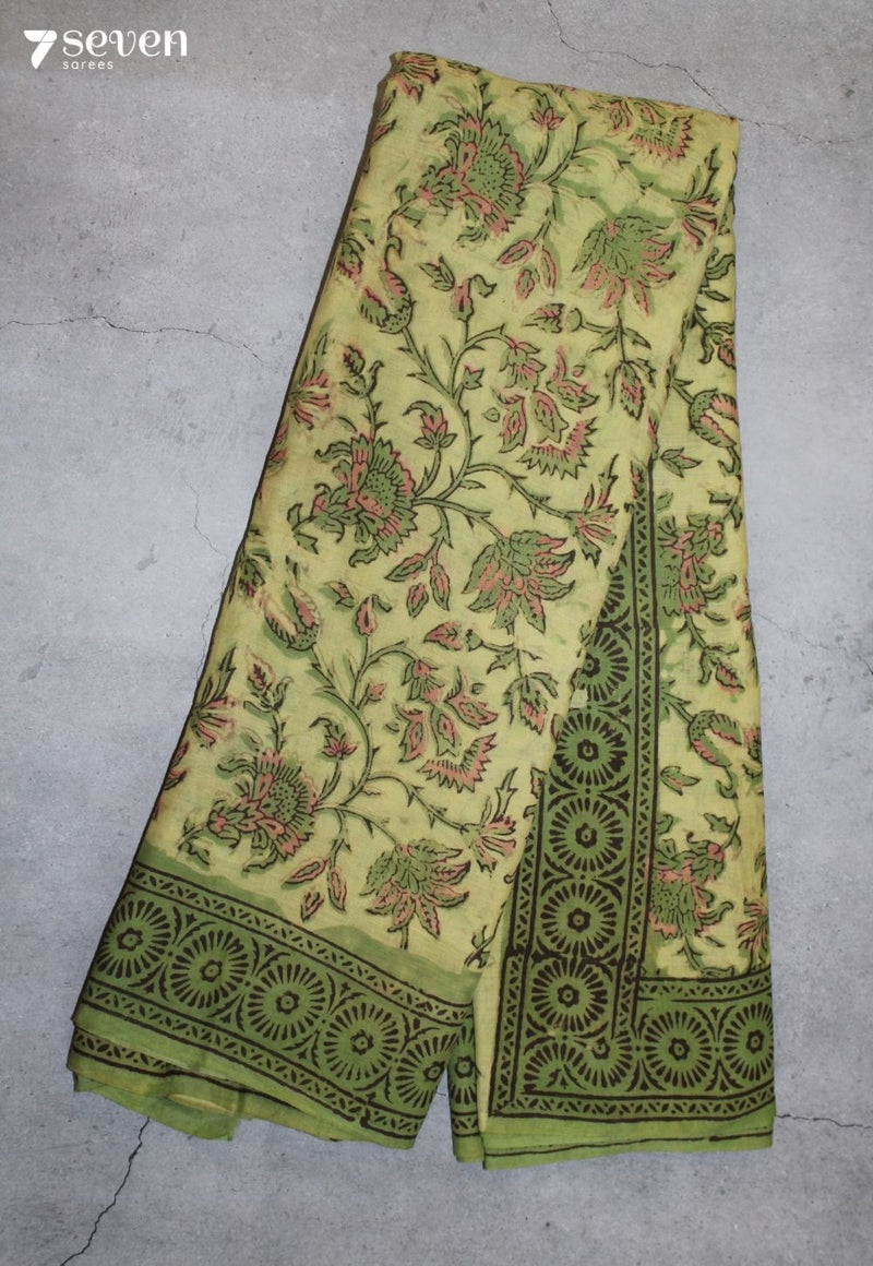 Sharumi Jaipur Green Hand Block Printed Vegetable Dyed 100% Cotton Saree