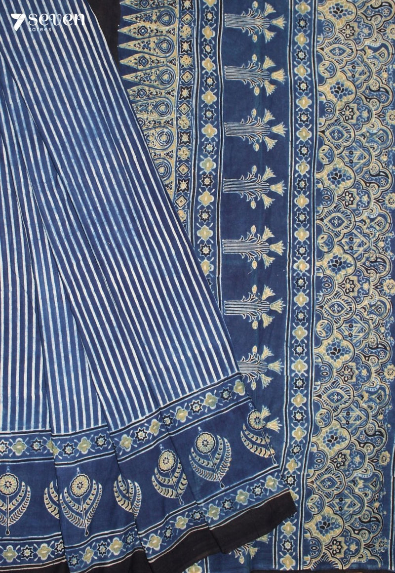 Olikara Kutch Blue Pure Handmade Ajrakh 100% Cotton Saree