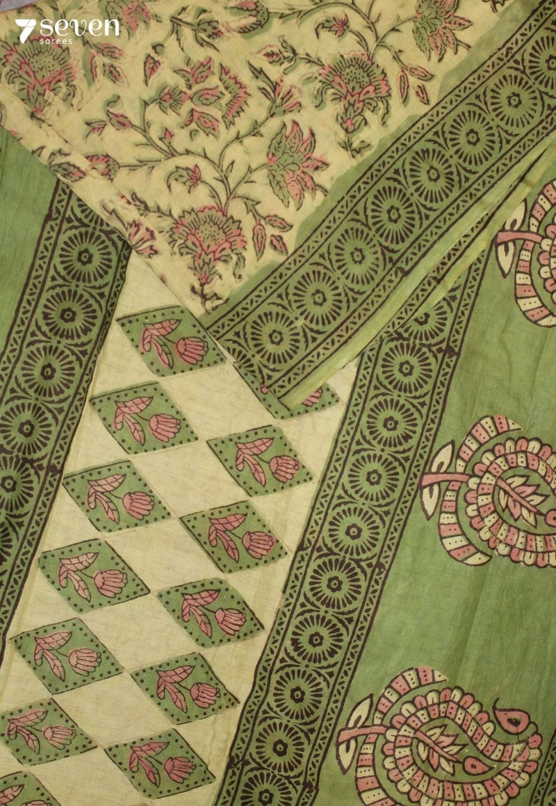 Sharumi Jaipur Green Hand Block Printed Vegetable Dyed 100% Cotton Saree