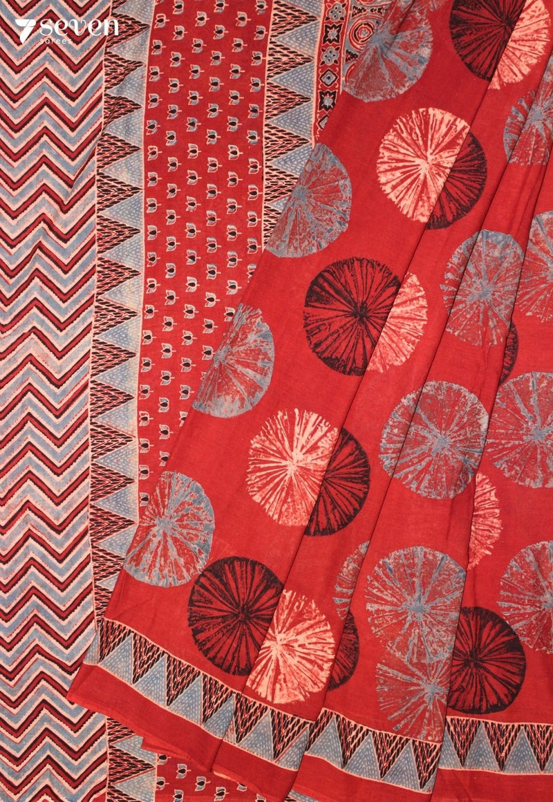 Samori Kutch Red Pure Handmade Ajrakh 100% Cotton Saree