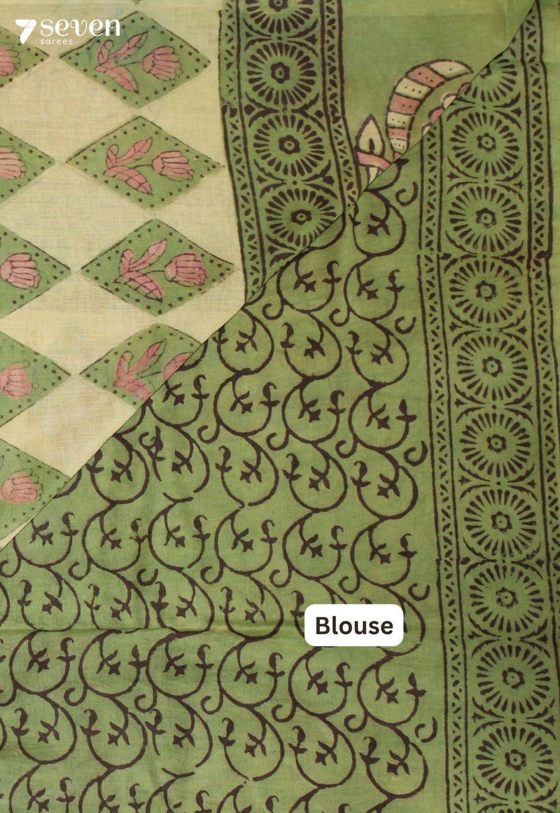 Sharumi Jaipur Green Hand Block Printed Vegetable Dyed 100% Cotton Saree