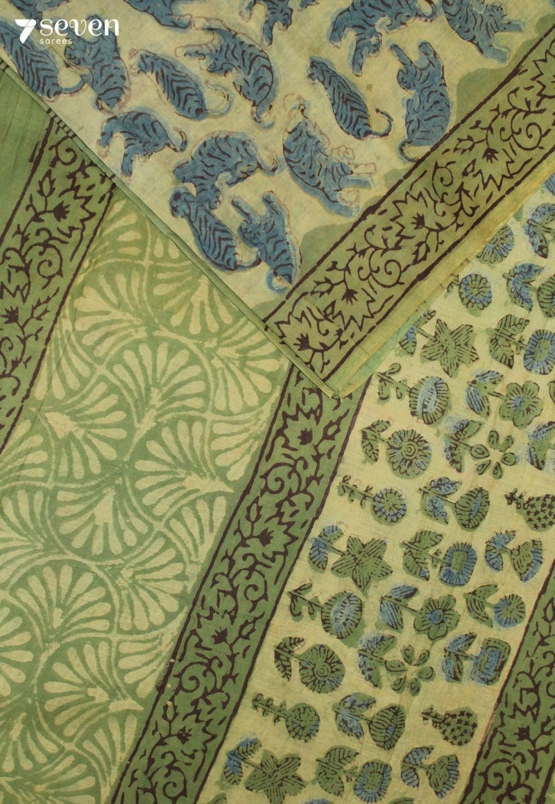 Aarmeha Jaipur Green Hand Block Printed Vegetable Dyed 100% Cotton Saree