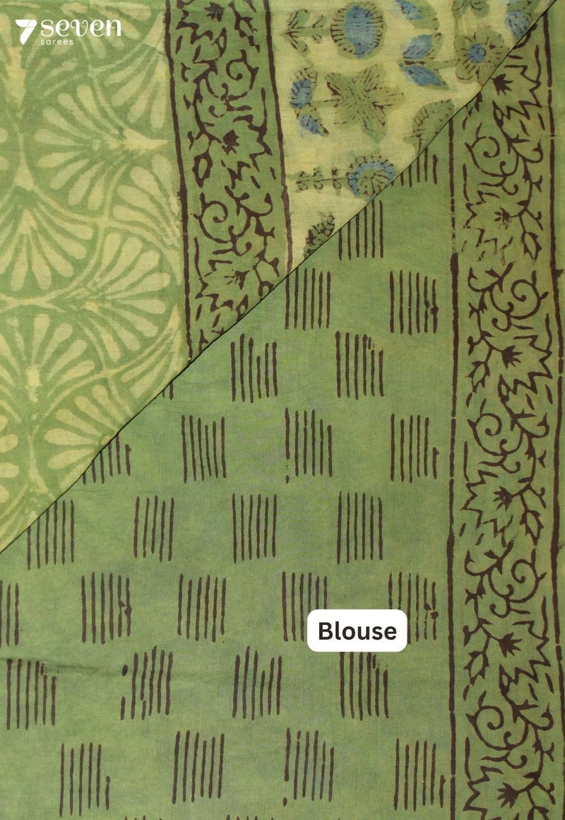 Aarmeha Jaipur Green Hand Block Printed Vegetable Dyed 100% Cotton Saree
