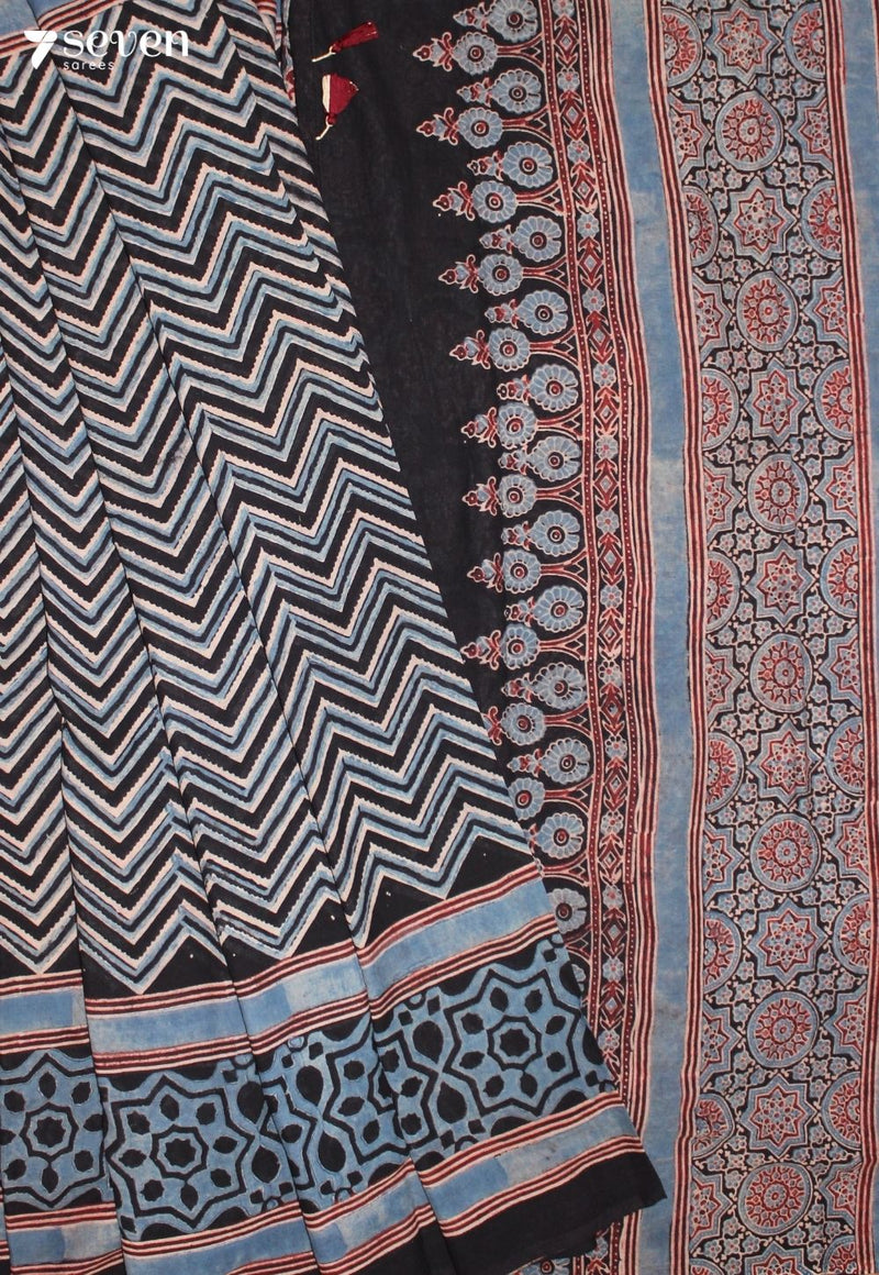 Malvini Kutch Blue Pure Handmade Ajrakh 100% Cotton Saree