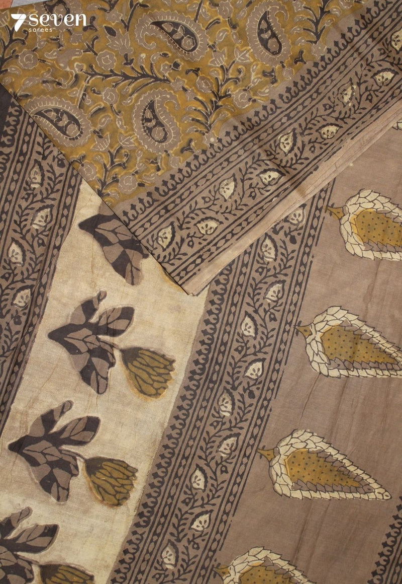 Mandraya Jaipur Brown Hand Block Printed Vegetable Dyed 100% Cotton Saree