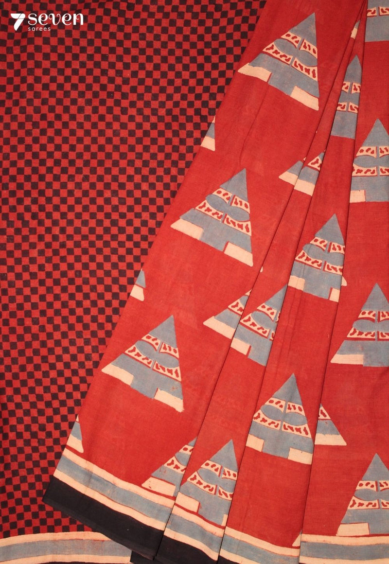 Torumi Kutch Red Pure Handmade Ajrakh 100% Cotton Saree