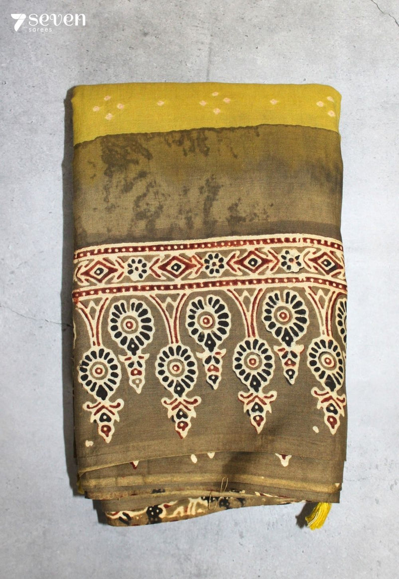 Koshara Kutch Yellow Handmade Ajrakh Bandhini 100% Cotton Saree